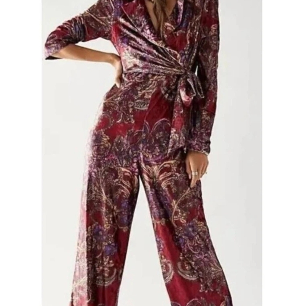 New Free People Delphine Velvet Paisley Floral Jumpsuit Sz Medium $178